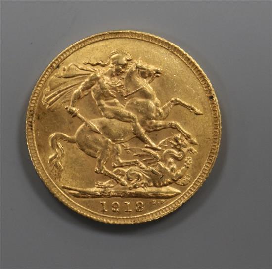 A George V 1913 gold full sovereign, London mint, GVF.
